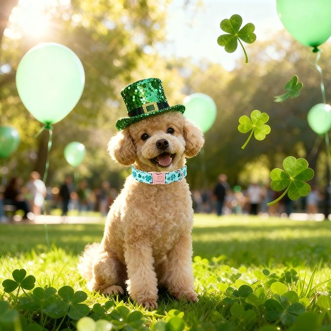 St. Patrick's Day Dog Collar for Medium Dogs - Fresh Green Clover Dog Collars, Irish Shamrock Festival Pet Collars, Adjustable Heavy Duty Dogs Collar with Metal Buckle M