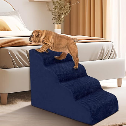 Dog Stairs for Small Dogs - High Density Foam Pet Steps, Extra Wide Dog Ramp with Non-Slip Bottom for High Beds, Couch and Sofa, Best for Dogs Injured, Older Doggy Cats, 4 Steps, Navy