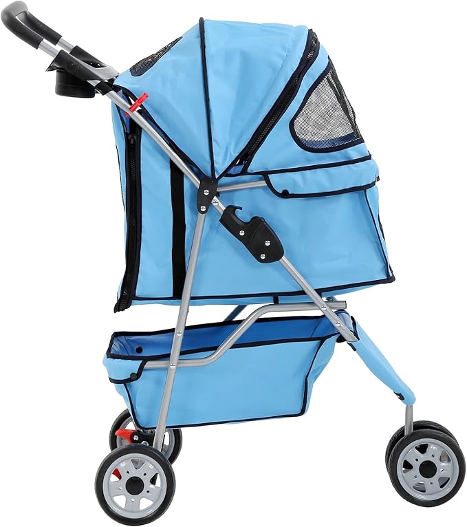 Dkeli 3-Wheel Pet Stroller, Lightweight Foldable Dog Stroller for Small Medium Dogs & Cats, Breathable Mesh & Weather Cover with Storage Basket, for Daily Walk Outdoor Travel (Blue)