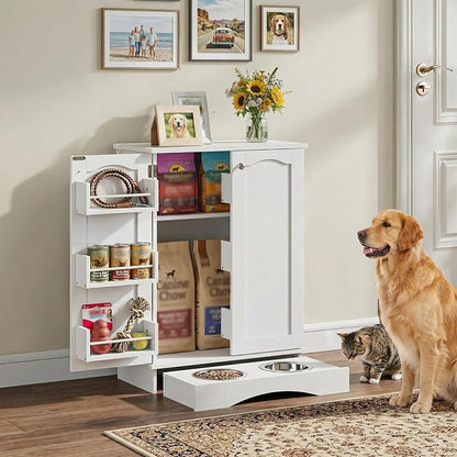 32" H Dog Feeding Station with Storage with Adjustable Shelves | Pet Food Storage Cabinet with 2 Elevated Bowls,Hooks & Letter Stickers,Hidden Dog Feeding Organizer for Cats and Dogs,White
