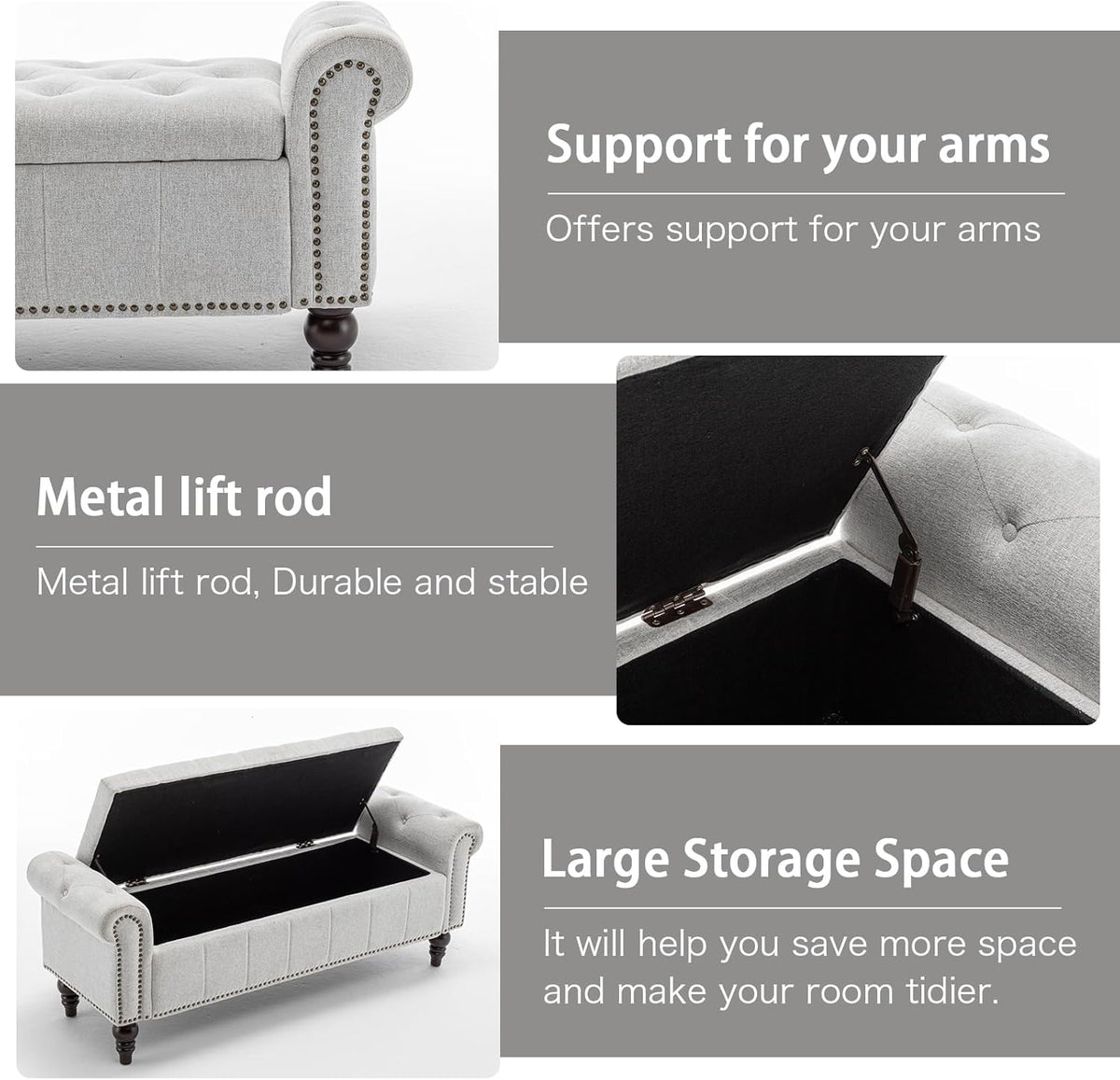 58’’ Storage Bench for Bedroom, Upholstered Button-Tufted Ottoman with Solid Wood Legs, Queen Size End of Bed Shoe Cabinet, Window Seat Foot Rest Stool for Entryway, Living Room (Silver)