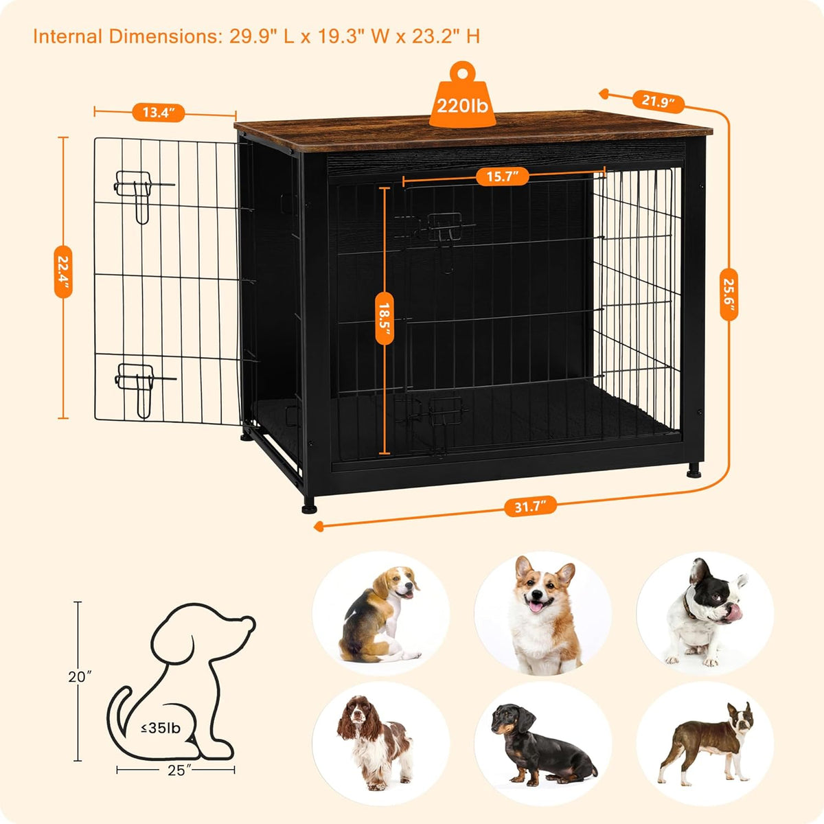 DWANTON Dog Crate Furniture with Cushion, Wooden Kennel Table with Double Doors, Indoor Dog House, Medium Size, 32.5" L, Black+Rustic Brown