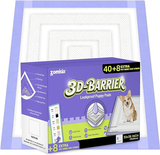 ZOMISIA 3D-Barrier Puppy Pee Pads for Dogs, 18 Cups Absorb & Rise Puffy Gel-Wall Leak-Proof, 30"x36" 40 Counts + 8 Pet Urine Test Strips, Super Absorbent Disposable Potty Training Pads