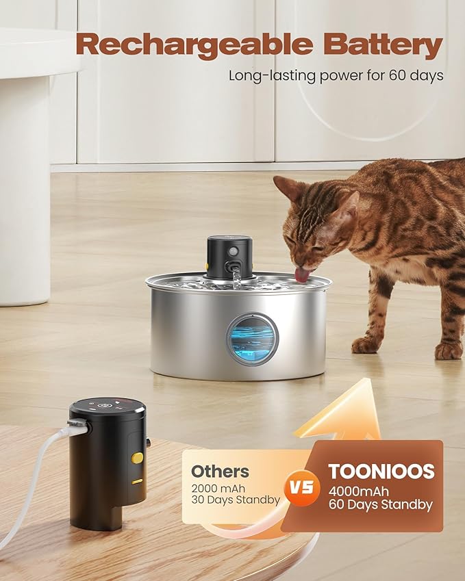 Cat Water Fountain with Motion Sensor: Rechargeable Cat Fountain Wireless - Metal Pet Water Fountain Powered by 4000 mAh Battery - 108oz/3.2L Cordless Animals Water Fountain Inductor -16 Filters