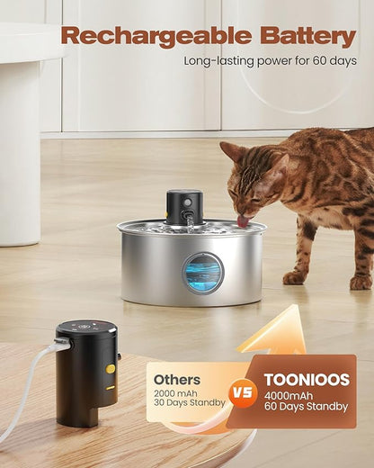 Cat Water Fountain with Motion Sensor: Rechargeable Cat Fountain Wireless - Metal Pet Water Fountain Powered by 4000 mAh Battery - 108oz/3.2L Cordless Animals Water Fountain Inductor -16 Filters