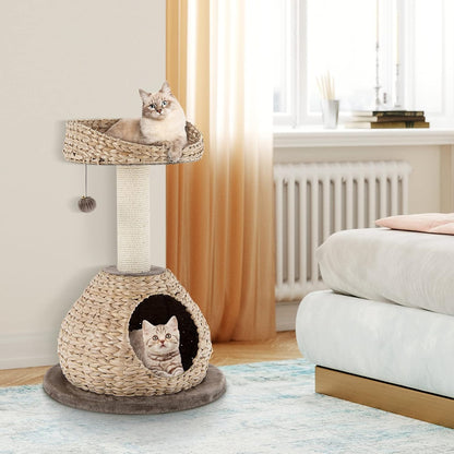 Tangkula Modern Cat Tree, Small Cat Tower with Natural Sisal Scratching Post, Hand-Made Wicker Cat Condo & Top Perch, Funny Hanging Toy Ball, Cute Cat Tree Tower for Indoor Cats