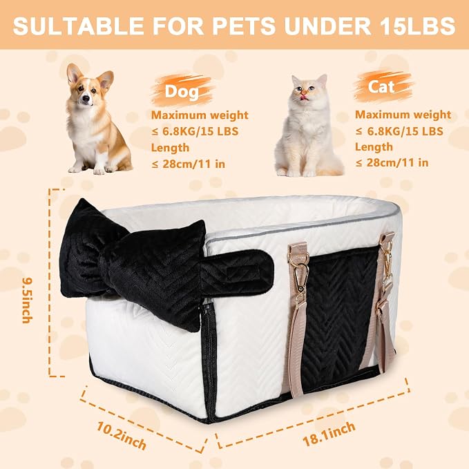 Dog Car Seat for Small Dogs, Portable Center Console Dog Car Seat, Pet Booster Seats with Safety Belt and Soft Cushion, Pet CarSeat for Dogs and Cats Under 15 lbs, White