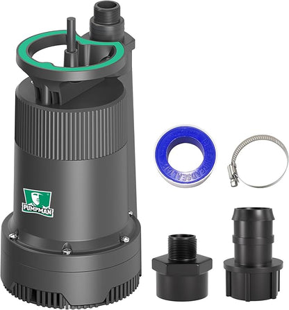 PUMPMAN 1/4HP Portable Water Pump, 2110GPH Submersible Utility Pump with 3/4” Garden Hose Check Valve Adapter Electric Sump Pump, 120V, Removal for Pool Draining Basement Hot Tubs Garden