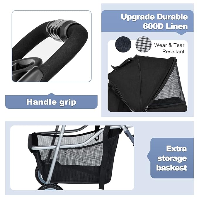 BestPet Pet Stroller Dog Cat Jogger Stroller for Medium Small Dogs Cats Folding Lightweight Travel Stroller with Cup Holder (Black, 3 Wheels)