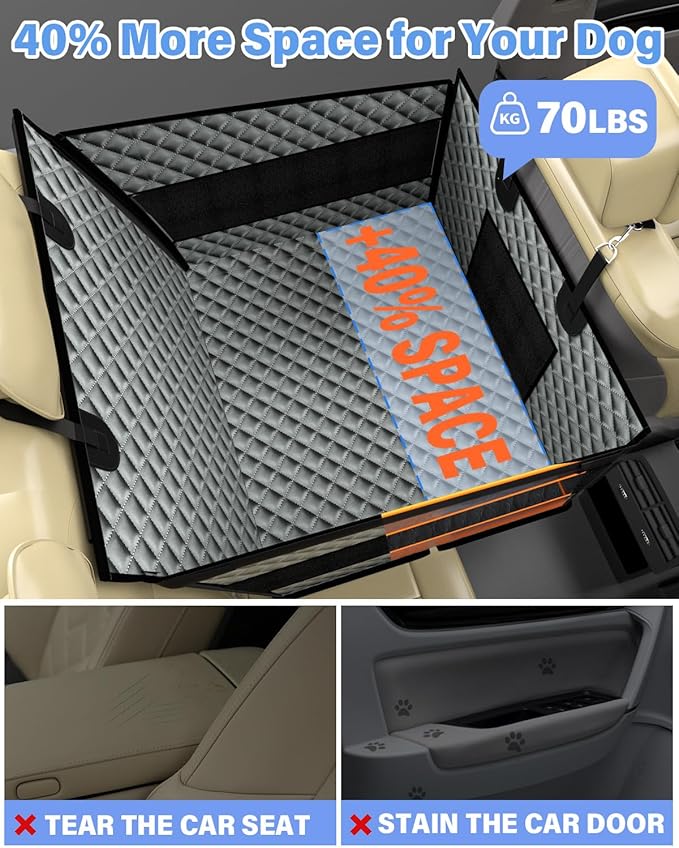 Dog Car Seat for Large Dogs, Back Seat Extender for Dogs, Foldable Pet Car Seat with Waterproof Oxford Fabric and Non-Slip Bottom, All-Around Protection and Strong Support, Grey