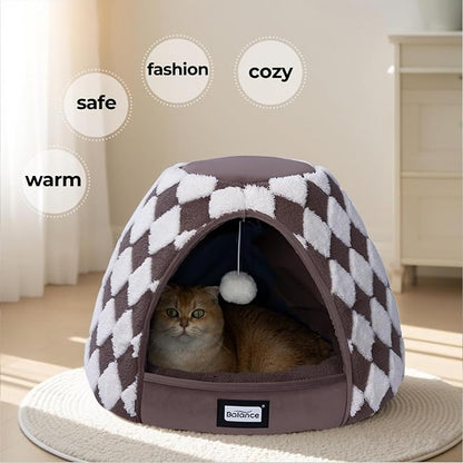 BALANCE Cat Beds for Indoor Cats, 2-in-1 Cat Bed Cave with Anti-Slip Bottom and Ultra-Soft Plush, Cozy Cats House Tent for Kittens and Small Dogs, 21 Inches, Dark Brown
