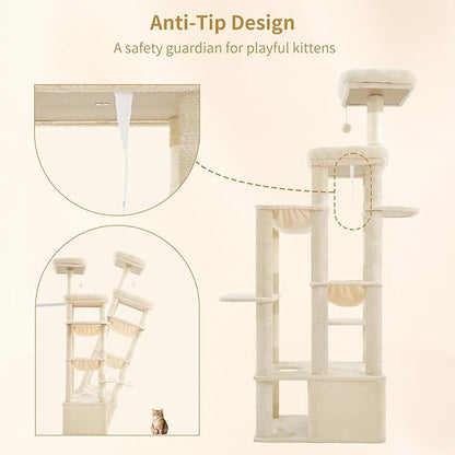 Heybly Cat Tree, 71-Inch Tall Cat Tower for Large Maine Coon Cats with Extra-Large Baseboard, Cat Condo Furniture with Multi-Level Platforms, 2 Hammocks and 12 Scratching Posts, Beige HCT037M