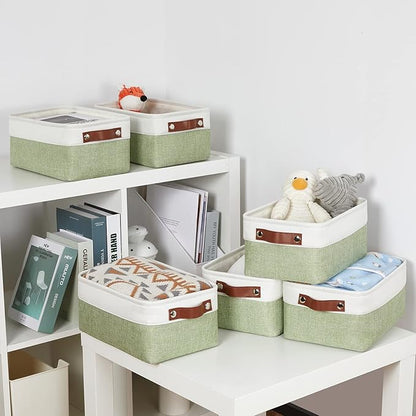 DULLEMELO Storage Baskets for Shelves, Small Fabric Collapsible Rectangular Storage Baskets for Organizing, Closets, Nursery, Home, Office, Empty Gift Baskets (6-Pack, White&Green)