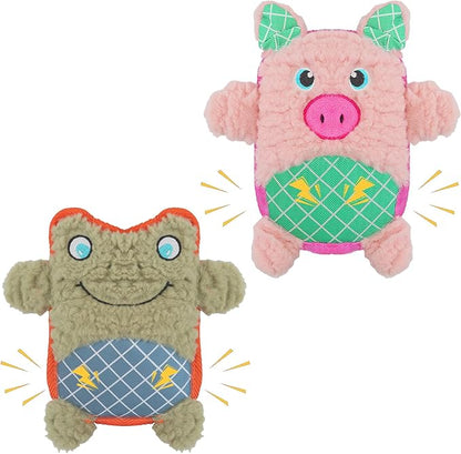 Crinkle Dog Toys Squeaky Plush No Stuffing Cute Puppy Stuffless Tough Rop Pull Toy, Fun Dog Stuffed Animals Durable Chew Set for Small Medium Large Pup (Large, Pink Pig+Green Frog)
