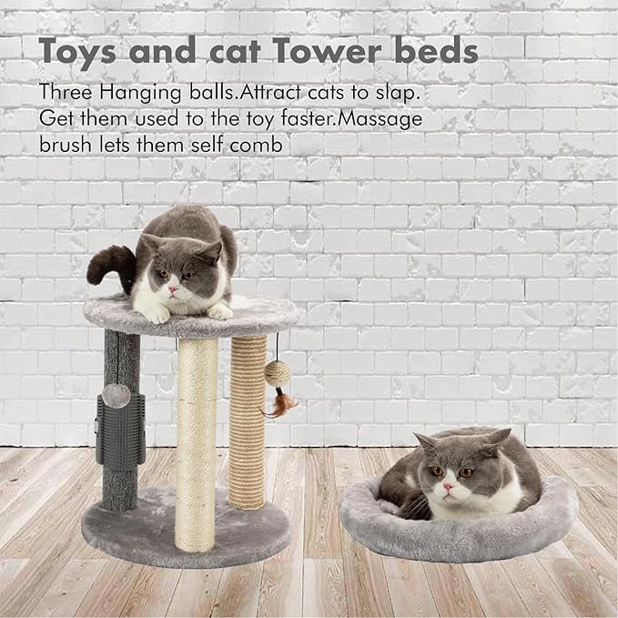 MECOOL 4in1 Small Cat Tree,Scratching Post with Tower Soft Bed, Sisal Carpet Jute Posts with Three Hanging Ball Toys and Massage Brush for Indoor Cats and Kittens