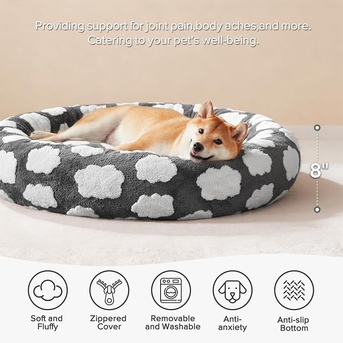 JOEJOY Jacquard Donut Round Small Dog Beds,Grey 23x23x8in, Removable Washable Cover, Cute Pattern, Ultra Soft Fluffy Calming Pet Bed with Thick Supportive Bolster