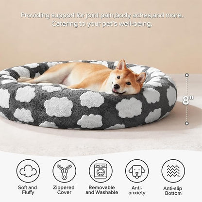 JOEJOY Jacquard Donut Round Small Dog Beds,Grey 23x23x8in, Removable Washable Cover, Cute Pattern, Ultra Soft Fluffy Calming Pet Bed with Thick Supportive Bolster