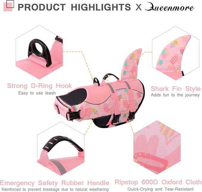 Dog Life Jacket High Flotation, Reflective Dog Life Vests for Swimming, Adjustable Dog Life Preserver Rescue Handle Spring Summer Pool for Small, Medium, Large Dogs (Pink Ice Cream,XS)
