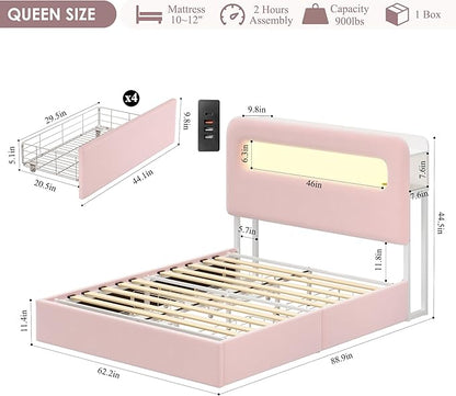 HOSTACK Queen LED Bed Frame with Storage Headboard and Charging Station, Girls Bed Frame with 4 Drawers and USB Ports, Velvet Upholstered Platform Bed Frame with Bookcase, No Box Spring Needed, Pink