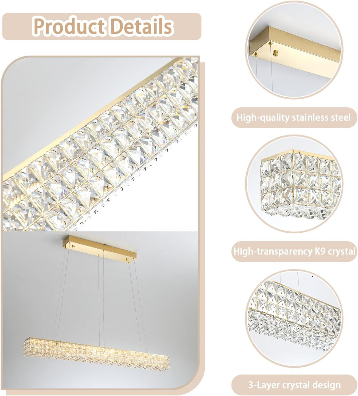 W48 Rectangular Gold Crystal Chandelier Modern Rectangle Pendant Ceiling Light Fixture for Living Room Dining Room Kitchen Island Bar
