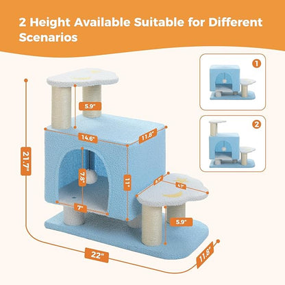3-in-1 Cute Dog Stairs & Cat Scratching Post with Condo, Pet Steps for High Bed, Sofa, Couch, Tall Cat Tower, High-Strength Board for Indoor Small Cats Kittens Dogs Climbing Playing, 3 Steps-Blue