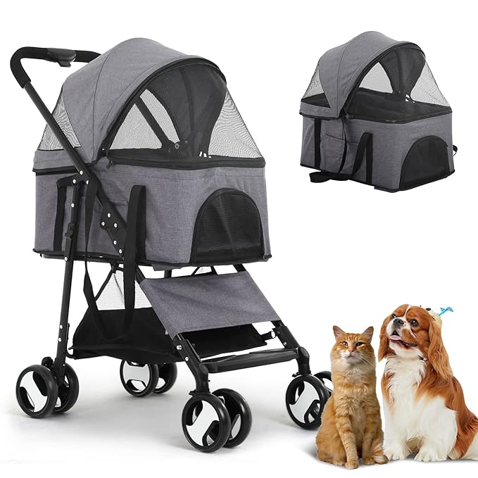 3-in-1 Folding Pet Stroller for Medium Small Dogs Cats - 4 Wheels Lightweight Travel With Detachable Carrier, Grey