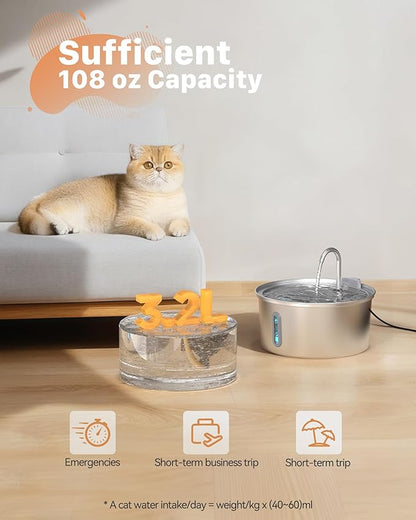 Cat Water Fountain Stainless Steel: 108oz/3.2L Cat Fountain for Drinking - Pet Water Fountain for Cats Inside - Automatic Cat Water Dispenser Bowl - Cat Feeding & Watering Supplies 6 Filters 3 Sponges