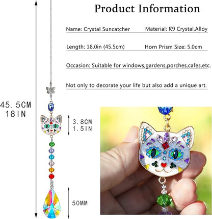 Crystal Rhinestones Suncatcher Cat Face Shaped with Butterfly Window Hang Pendant, Rainbow Crystal Colorful Prisms Ornament Gift Christmas Tree Decoration