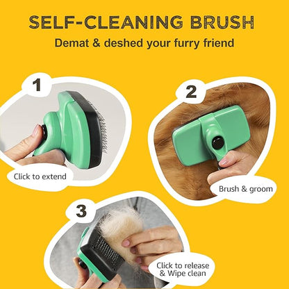 Deshedding Dog Brush for Shedding – Self Clean Cat Brush Deshedding & Grooming Tool for Long Haired and Short Haired Dogs, Slicker Brushes for Dogs, Skin-Friendly, Retractable Bristles, Easy to Clean