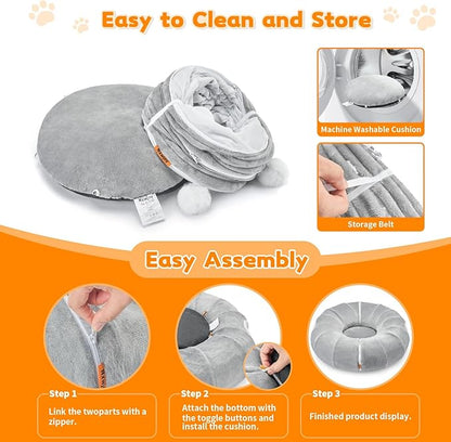 Cat Tunnel Bed for Indoor Cats 35.5 Inch XL Cat Donut Tunnels Grey | 2 in 1 Cat Tunnels for Indoor Cats Kitten Puppy Rabbit Pet Tunnel Toy with Washable Cushion Bed Grey