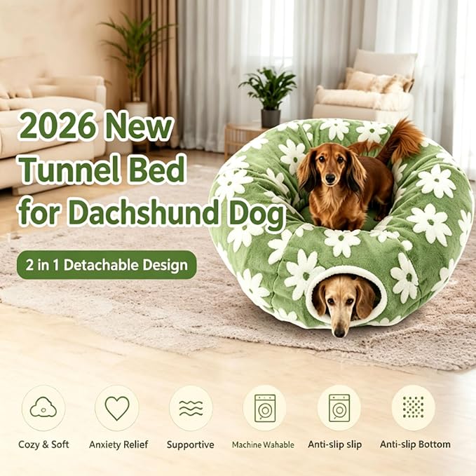 2026 New Tunnel Bed for Dachshund Dog,Dachshund Tunnel Bed - Flower Design Plush Foldable Dog Bed,Cat TunnelBed for Indoor Cats Tunnel Donut with Cushion and Play Ball,2 in 1,Detachable (B)