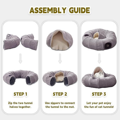Large Cat Tunnel Bed for Indoor Cats,Cat Donut Tunnel Toy with Washable Circle Cushion,Blackout Tent, Multifunctional Playground Toys Hideplace for Kitty, Kitten, Rabbit,Ferret