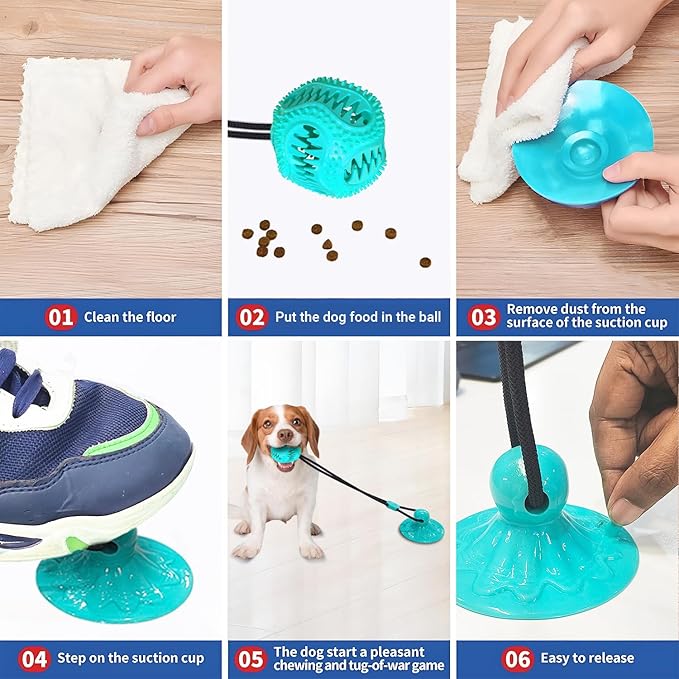 Dog Treat Food Dispensing Ball - Chew Toy with Suction Cup for Aggressive Chewers, Tug of War Toy, Stimulating Dog Activity Games for Training/Puppy Enrichment (Aqua)