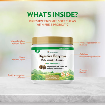 NaturVet – Digestive Enzymes - Plus Probiotics & Prebiotics – Helps Support Diet Change & A Healthy Digestive Tract – for Dogs & Cats (Soft Chews, 120 Count)