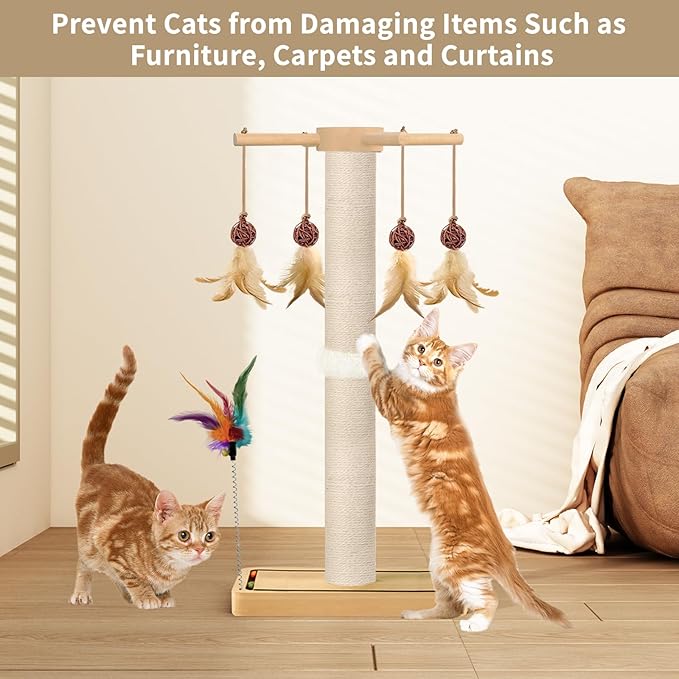 Tall Cat Scratching Post, Sisal, 33 Inches, Large Scratcher Tree Tower for Indoor Cats Adults with Hanging and Ball Track, 2 Mounting Methods Interactive Furniture Toys for All Ages