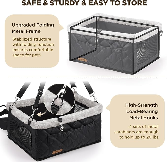 Upgrade Dog Booster Seat for Small Dogs,Small Dog Car Seat with Sturdy Metal Frame and Waterproof Leather Material for Small Pets up 20 lbs,Portable Travel Carrier with Storage Pocket