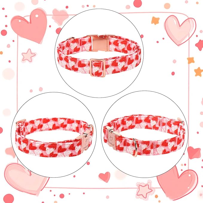 Valentines Dog Collar, Cute Pink Valentine Dog Collars, Doodle Heart Pattern, Adjustable Heavy Duty Pet Collar for Small Medium Large Dogs with Metal Buckle L