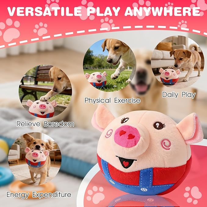 Interactive Dog Toys, 2026 New Active Moving Pet Plush Toy, Rechargeable Squeaky Dog Ball Toy with Talking Sound, Washable Bouncing Piggy Toy for Dogs Puppies (Red)