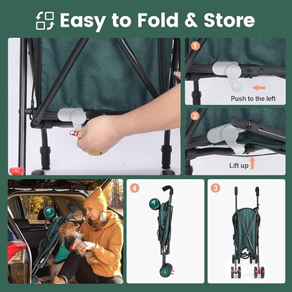 Umbrella Dog Stroller, Foldable Pet Stroller for Small Dogs Cats, 4 Wheels Pet Strolling Cart with Carrying Strap and Cup Holder, Breathable and Visible Mesh, Dog Poop Bags & Dispenser (Dark Green)