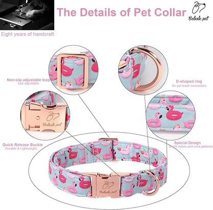 Adjustable Summer Dog Collar - Cute Pink Flamingo Dog Collars for Small Dogs, Durable Boy Girl Dogs Heavy Duty Metal Buckle Collar S