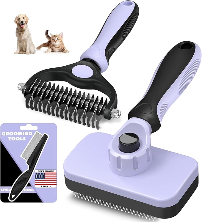 3PCS Self Cleaning Slicker Brush & Pet Grooming Rake & Flea Comb for Dogs,Cats and Horses | Double-Sided Dematting Comb & Skin Friendly Deshedding Grooming Tool | Pet Supplies(Light Purple)