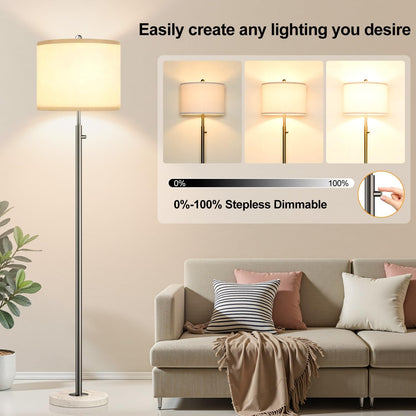 【Upgraded】 Dimmable Floor Lamp for Living Room, 11W LED Bulb Included, Modern Standing Lamp with Marble Base, Tall Pole Light with Linen Shade for Bedroom Reading Office Corner Nursery-Brushed Nickel