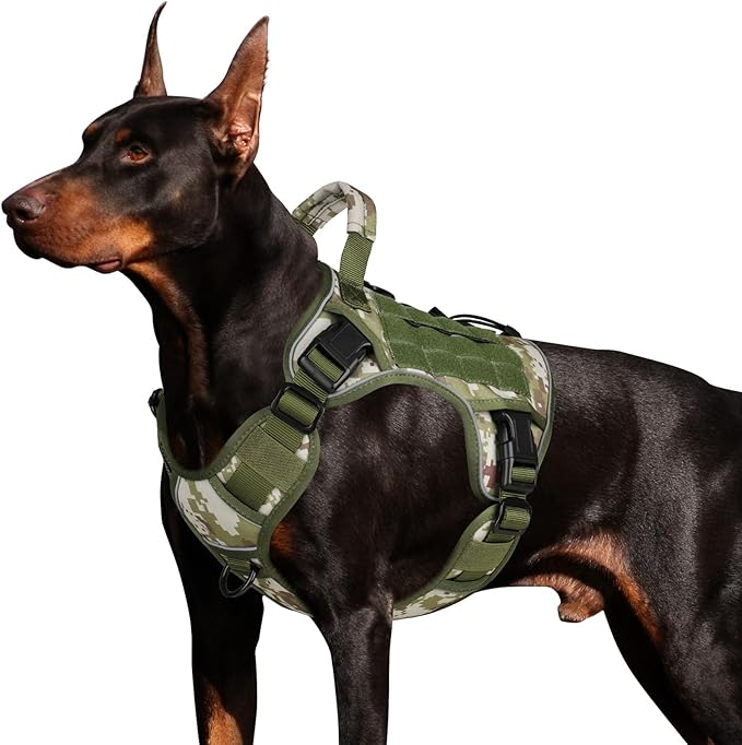 WINGOIN Tactical Dog Harness for Large Dogs, Heavy Duty No Pull Dog Harness with Handle, Adjustable Reflective Military K9 German Shepherd Big Size Dog Vest for Walking, Hunting, Green Camo (L)