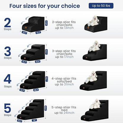 GoGoBunny Waterproof High Density Foam Curved Dog Stairs for High Beds Couches 19.7" H, 4-Step Ramp Dog Steps Friendly to Small Medium Dogs or Pets Joints, Non-Slip Balanced Durable Pet Step, Black
