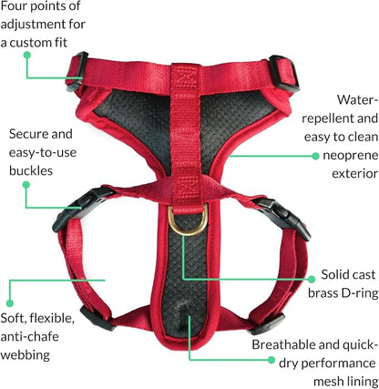 Adventure Dog Harness - Stylish and Durable Large Dog Harness for Outdoor Adventures and Everyday Wear - Red Neoprene Adjustable Harness for Dogs with Reflective Piping, Solid Brass D-Ring