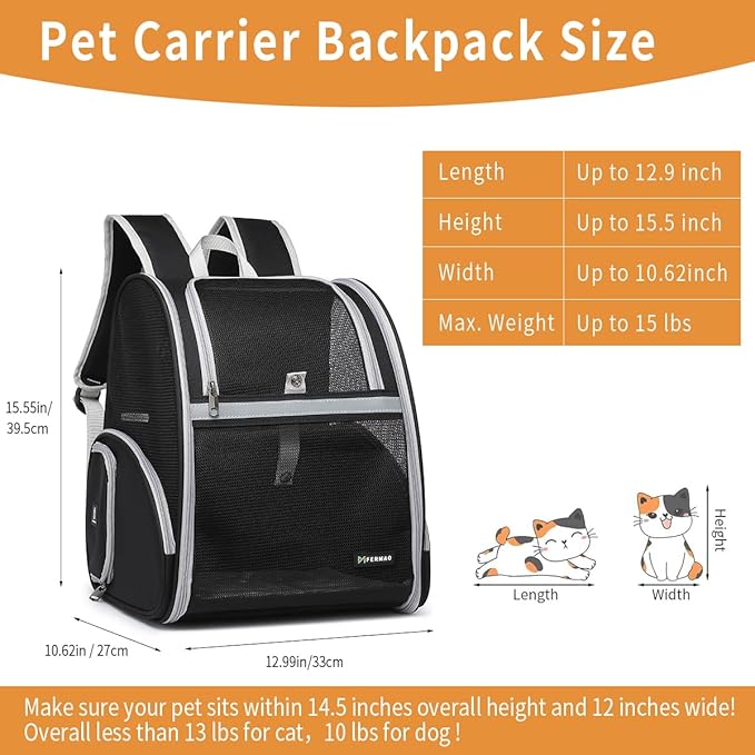 Cat Backpack Carrier for Small Dogs and Medium cat Puppy Kitten Bunny Pet Carrier Backpack Collapsible with Fully Ventilated Mesh with Safety Leash (Black, 12.9" L x 10.62" W x 15.5" H - M)
