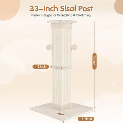 Cat Scratching Post 33 inch for Indoor Cats, High Cat Scratch Post Beige, Cat Tree for Full-Body Stretching, Protect Your Furniture