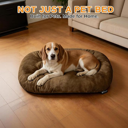 Washable Oval Dog Bed for Large Dogs, Silver-Tipped High-Resilience, Brown | Non-Slip Bottom Prevents Sliding, Soft Plush Short Fur, Machine Washable, Ideal for Crates/Apartments/Cozy Nooks,35"x22"x3.2"