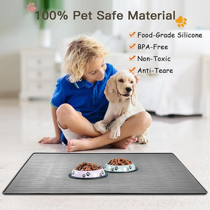 Largest Dog Food Mat, 48"x32" Silicone Dog and Cat Mat for Food and Water Bowls, Thinken Waterproof Non-Slip XXXL Pet Feeding Mat for Floors (Dark Blue)