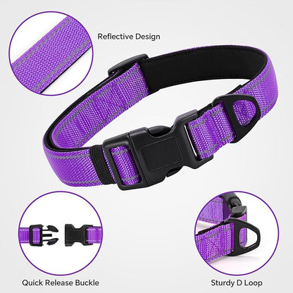 Reflective Dog Collar with Quick Release Buckle - Metal Ring - Adjustable Soft Neoprene Padded Basic Dog Collar for Small Medium Large Dogs (Purple, Large :Width 1",Neck 15.7-23.6")